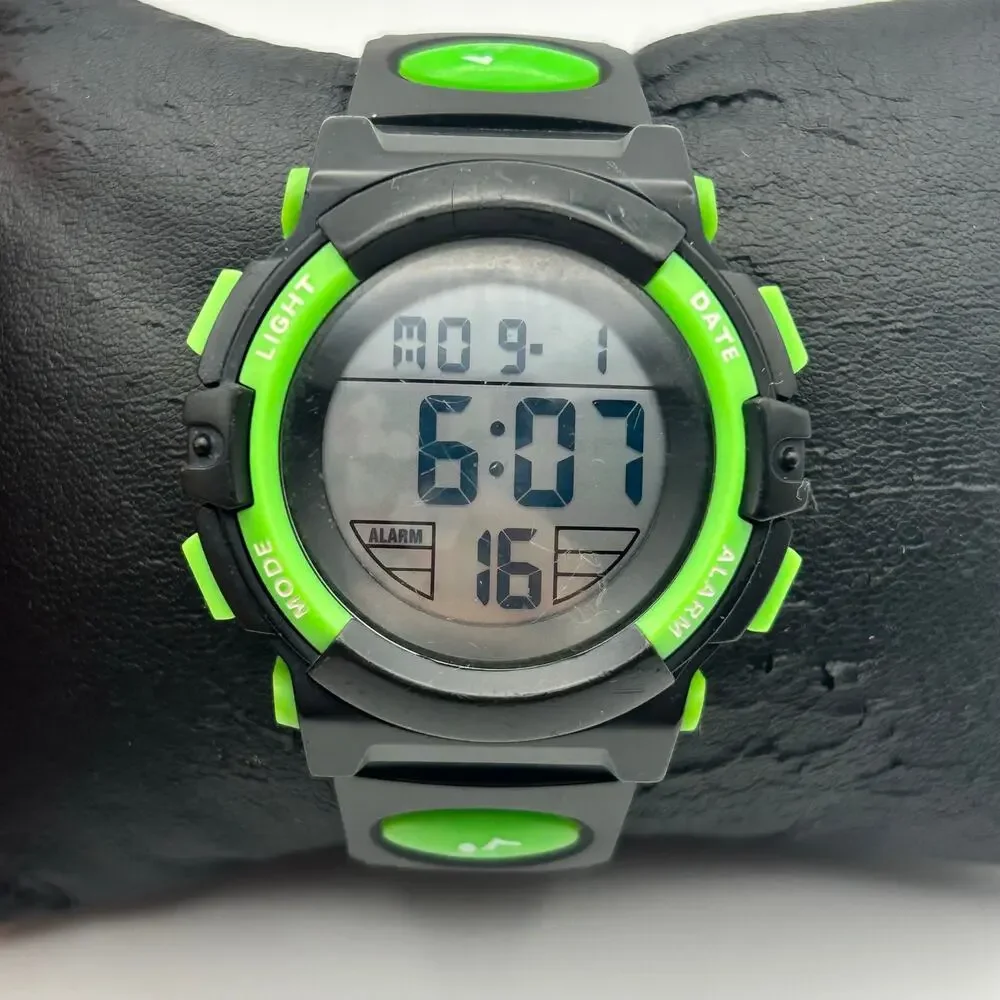 Black & Green Digital Sports St. Steel Watch Silicon Band Working New Battery